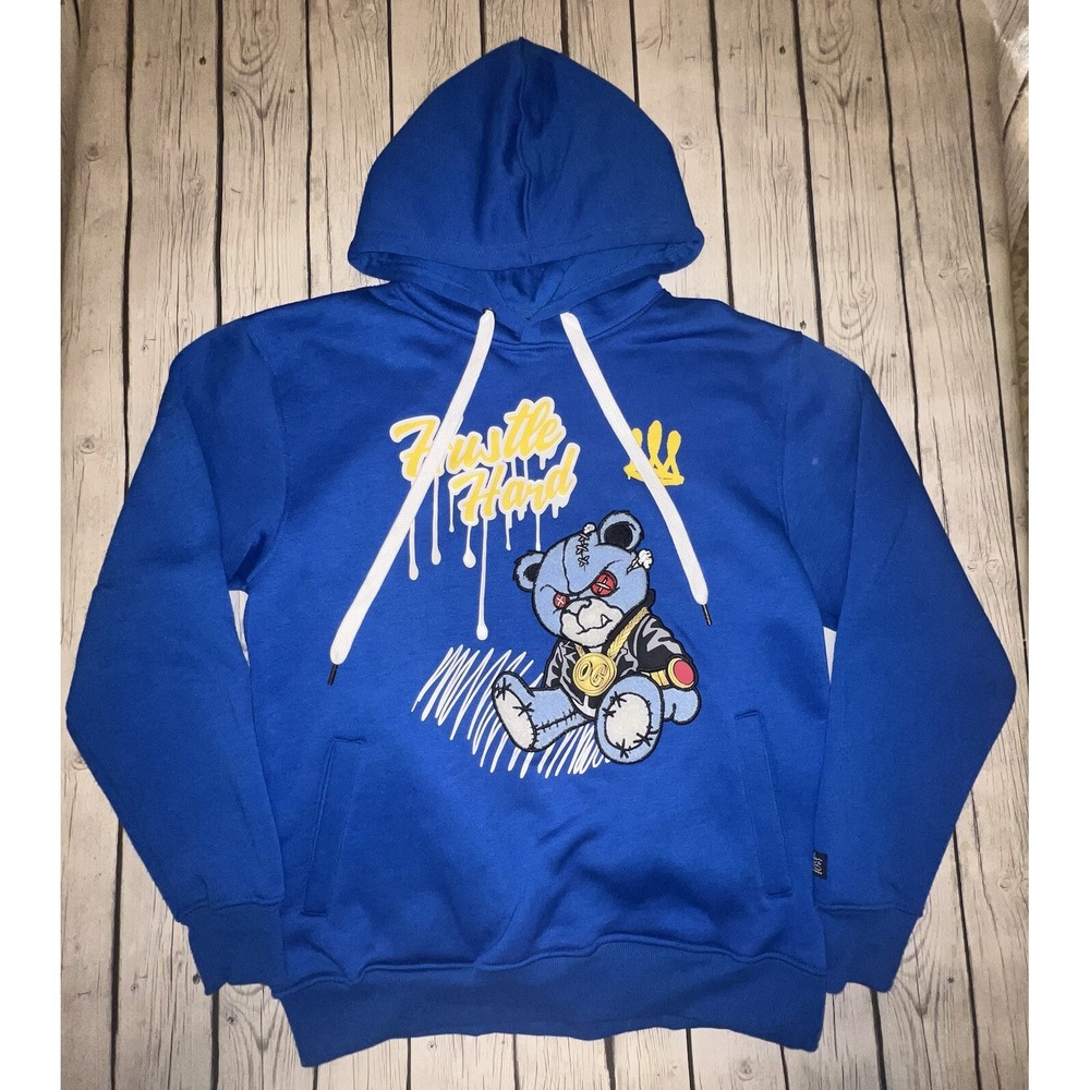 Bleecker Mercer Hustle Hard Blue Large Hooded Hoodie Embroidered Bear
